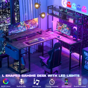 Cyclysio Small L Shaped Gaming Desk with LED Lights & Power Outlets, Reversible L-Shaped Computer Desk with Monitor Stand & Storage Shelf, Corner Desks Home Office Desk with Storage Bag