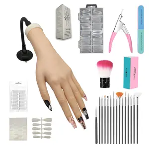 Practice Hand Kit for Nail Art, Acrylic Nails Training Tools for Tattooed Nail Jewelry and Manicure Practice, 48 pes nail jelly gel, 40 Acrylic Nails, Clipper, File, 15 Brushes and 120 Tips