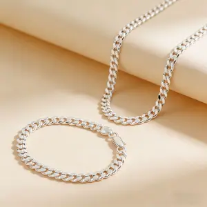 925 sterling silver Plated Cuban Necklace Bracelet Set  Cuban Link Figaro Chain Necklace 7MM Side Concave Women's Fashion Simple Birthday Party Valentine‘s Gift