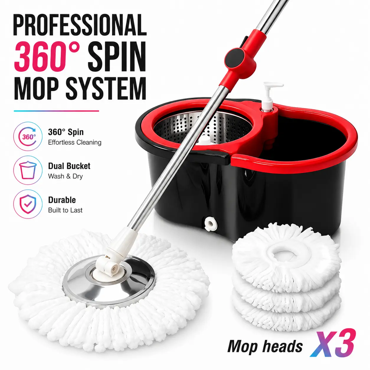 BN BY NEE Mop and Floor Cleaning Bucket Set, 360° Spin Rotary Cleaning System with Self-Ring Wringer, Durable Stainless Steel Basket, Adjustable Handle, Soap Dispenser, 3 Extra Microfiber Heads for All Floor Types, Floor Cleaning Buckets