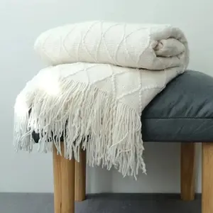 White Boho Tassel Oversized Knit Throw Blanket