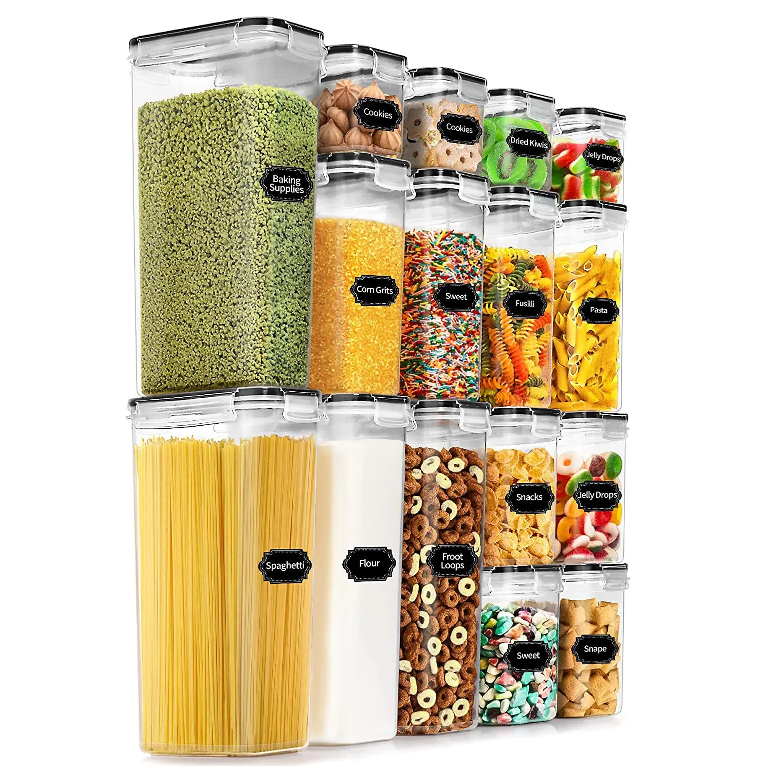 16-Pack Airtight Leak-Proof Plastic Storage Containers Set with Labels, Multi-Size Varied Capacities Stackable Home Pantry Organization Canisters for Dry Food, Spaghetti, Flour