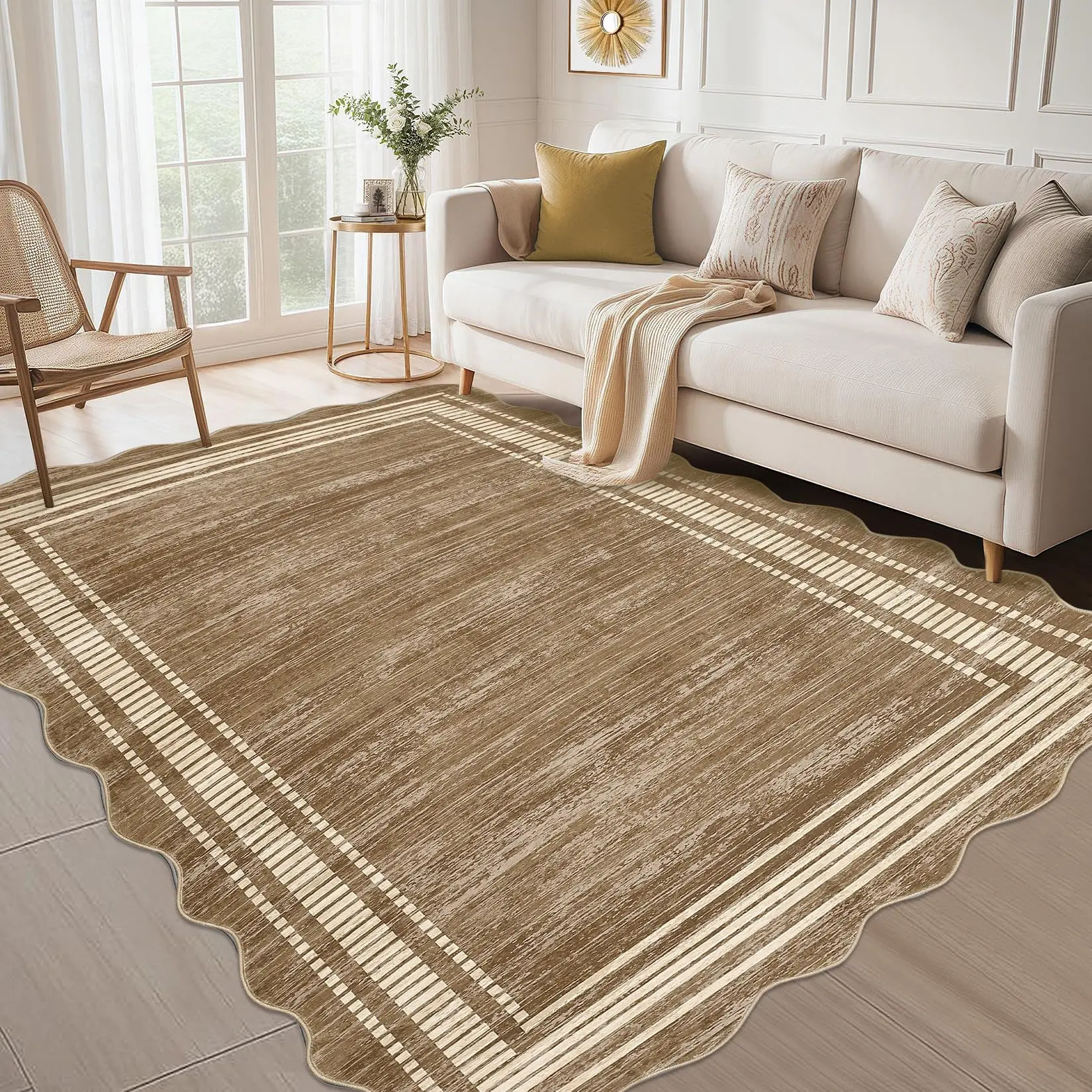 【GARVEE】Scalloped 5x7 Rugs Washable Area Rugs for Living Room, Modern Bordered Solid Rug for Bedroom, Abstract Scalloped Non-Slip Stain Resistant Carpet for Dining Room Home Office Dorm,Brown