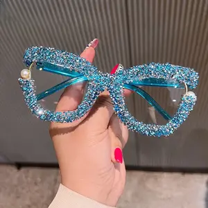 Full Diamond Oversized Square Blue Light Glasses Women Thick Frame Computer Eyewear for Office Study Gaming with Eye Strain Protection