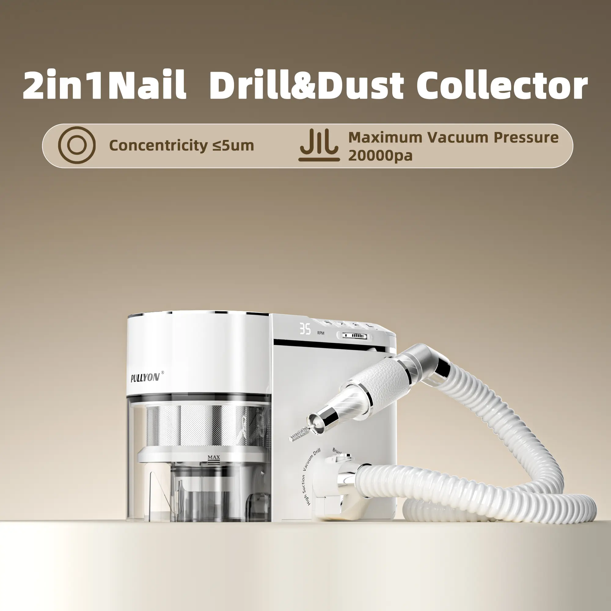 PULLYON 2-in-1 Nail Dust Collector & Electric Drill - 35000RPM Brushless Motor, Strong Suction Vacuum, Compact White Tool for Acrylics, Callus Removal, Nail Care & Art, Ideal for Home and Salon   Strong  power