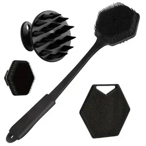 Silicone Body Brush Set of 4, Shower Brush, Long Handle Back Scrubber, Short Bath Brush, Hairbrush, Face Wash Brush, Complete Grooming Kit, Body Care Tool