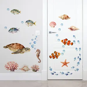 A (30*90cm) 2D wall sticker of a sea turtle swimming with fish, home decoration self-adhesive wall sticker, M20220