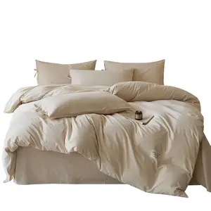 Bedroom Bedding Set - 4-Piece 10%-Linen 90%-Cotton Solid-Color Duvet Cover & Sheets, Hypoallergenic High-End All-Season Comfy Bed Sets