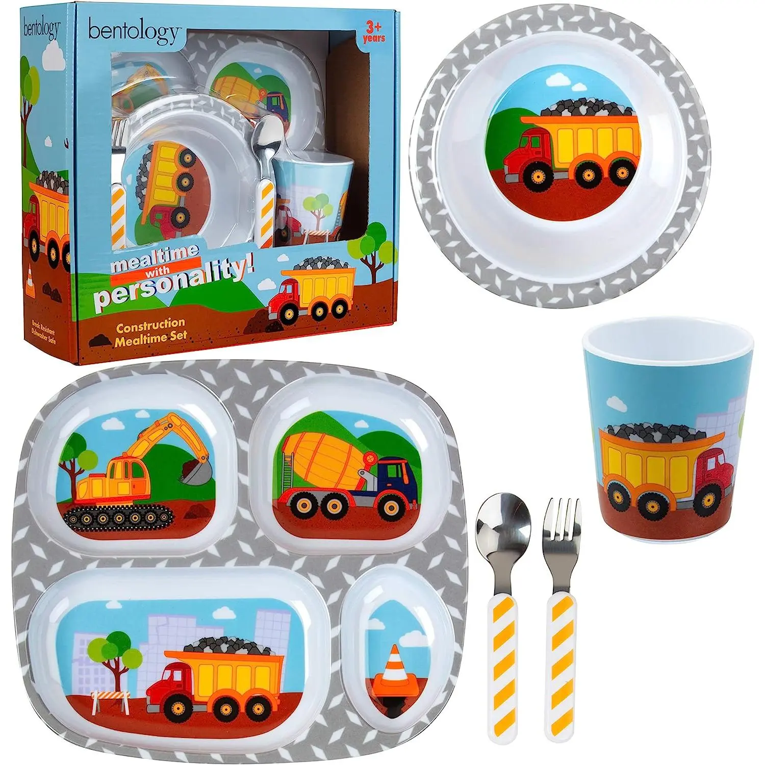 Bentology 5 Pc Mealtime Set for Kids & Toddlers, Construction Theme- Includes Divided Plate, Bowl, Fork & Spoon - Dishwasher Safe, BPA Free- Cute Compartment Dish to Put Food in 4 Sections for Easy Self-Feeding