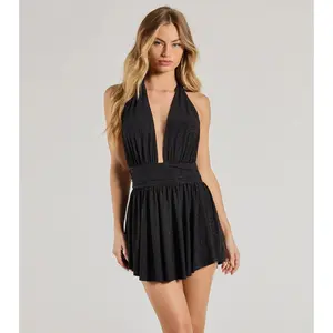 Sultry Sparkle Glitter Knit Plunging Halter Romper