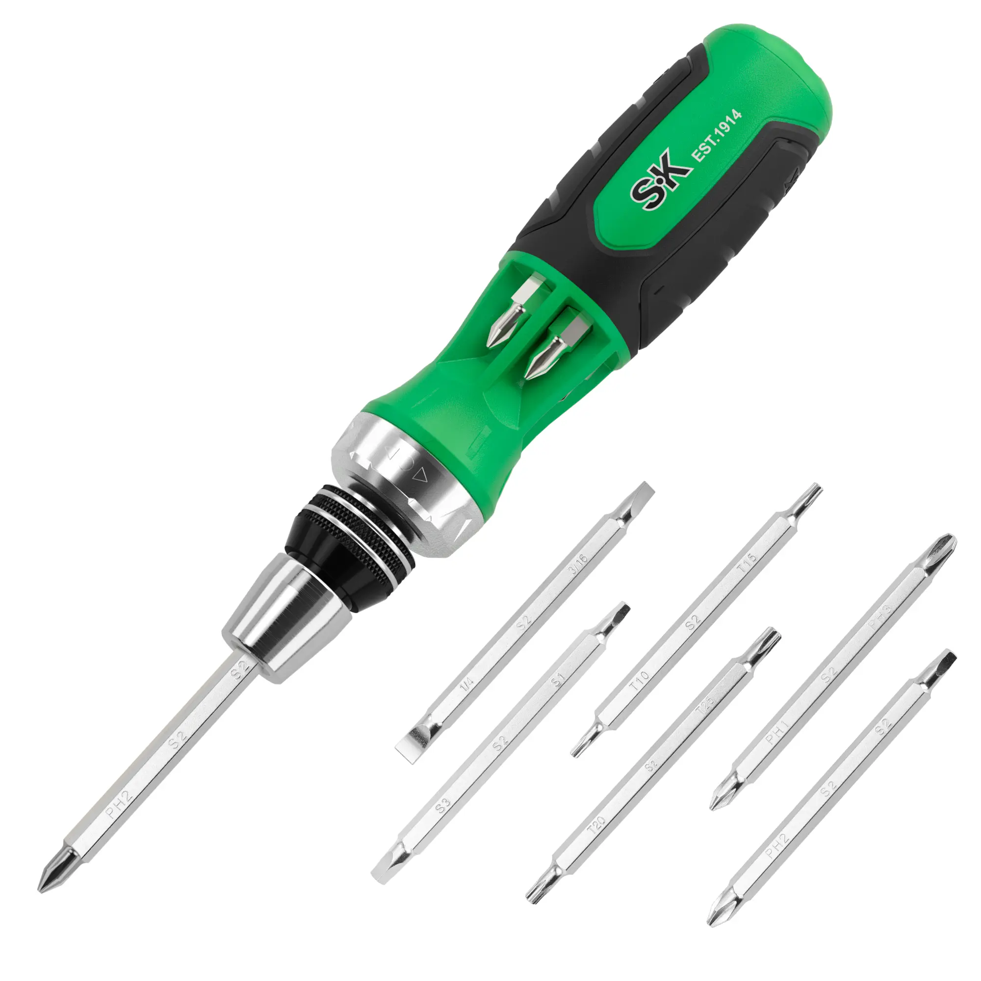#summersale SK 12-in-1 Ratcheting Screwdriver, 216-P, Multi-bit Driver with Quick-Load Mechanism, S2 Steel, with Phillips, Slotted, Star, Square Bits Stored in Handle