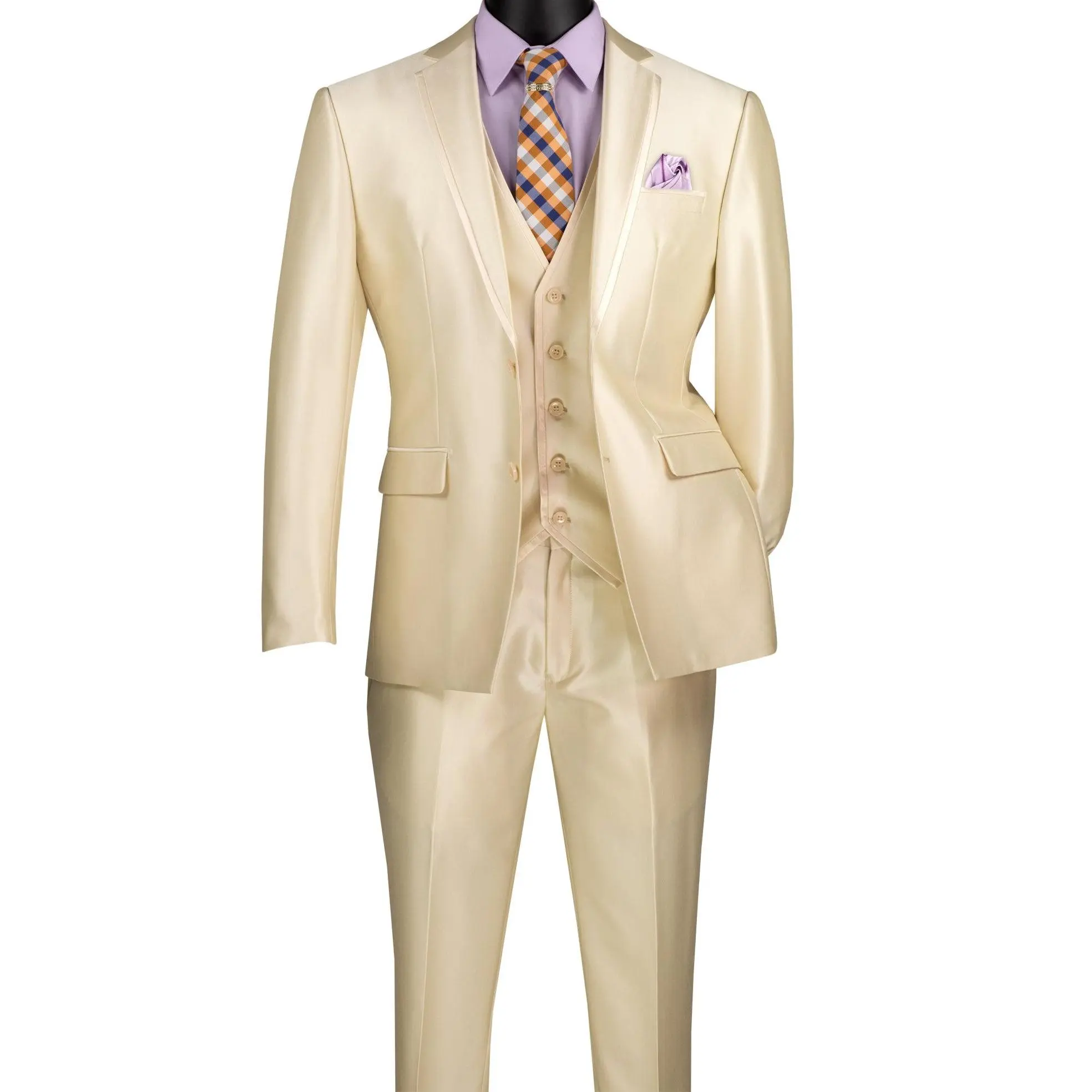 Men’s 3-Piece Satin Look Slim Fit Suit with Fancy Vest - Champagne Beige