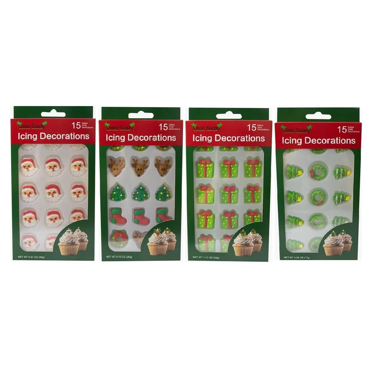 Christmas Edible Cake Decorations - Candy or Cupcake Topper - Santa Face, Trees, Wreaths, Reindeer, Xmas Boots, & Christmas Presents, 60 Pieces Total