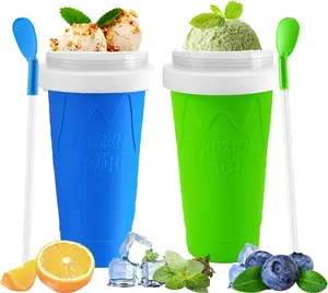 Portable 2PCS Double-Layer Squeeze Slushie Maker Cups, Washable Kitchen Utensils with Lid & Straw, DIY Quick-Frozen Cups for Homemade Milk Shakes & Ice Cream, Kids' Birthday Gifts (Blue+Green)