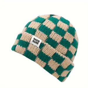 Chic Checkered Knit Beanie for Women - Cozy & Stretchy Cuffed Beanie, Perfect for Fall/Winter Fashion