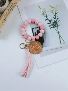 Chic Leopard Print Wooden Beaded Keychain Jewelry, Mom Tag & Tassel Design, Lobster Clasp Closure, Perfect Gift for Women