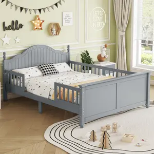 Full Size Platform Bed Wood Frame with Headboard and Footboard, No Box Spring Needed, Gray