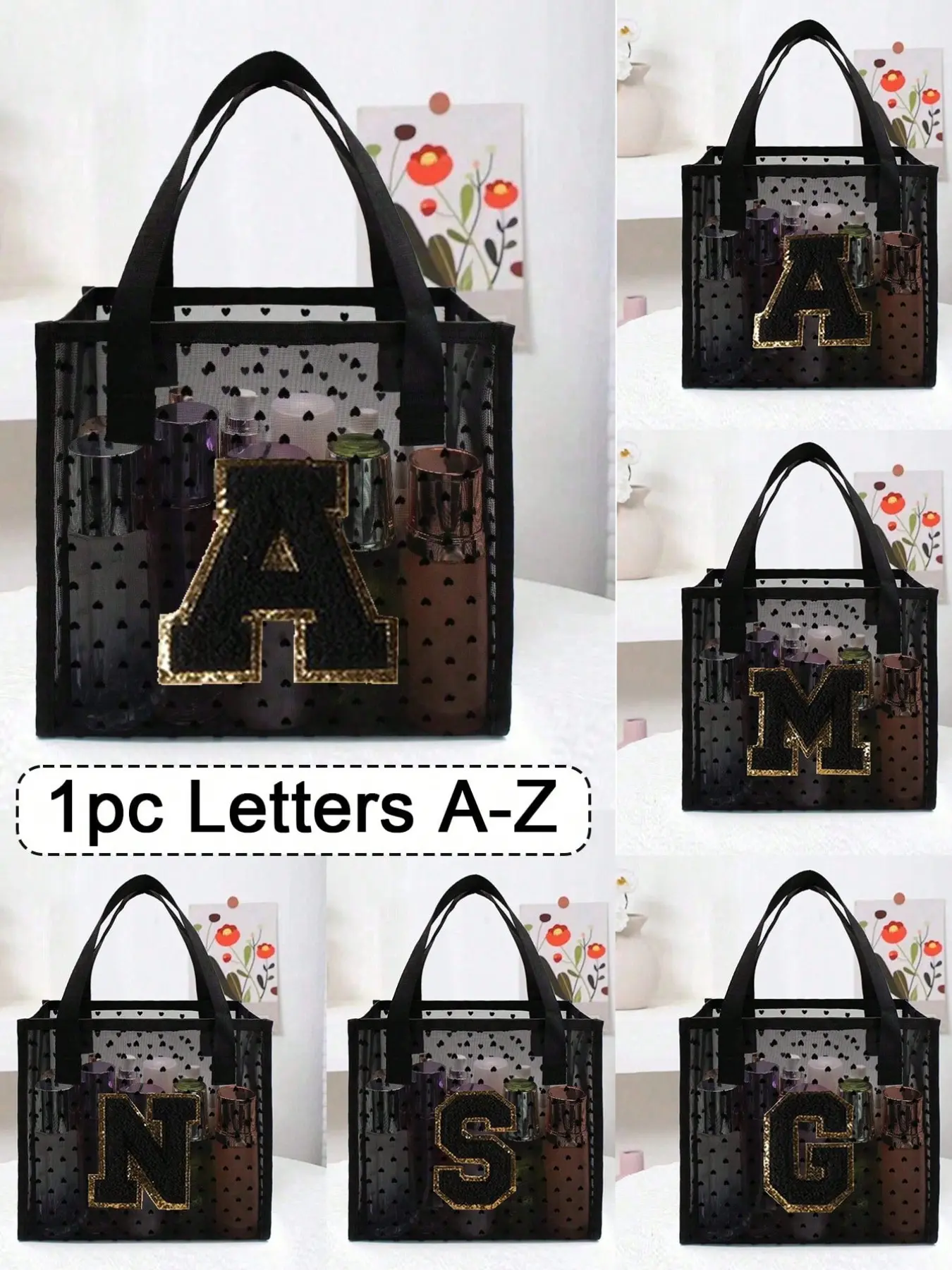A-Z Letter Towel Embroidered Satchel, Heart Mesh Monogram Tote Bag, Cosmetic Organizer, Women's Travel Gift, All Seasons Casual Style