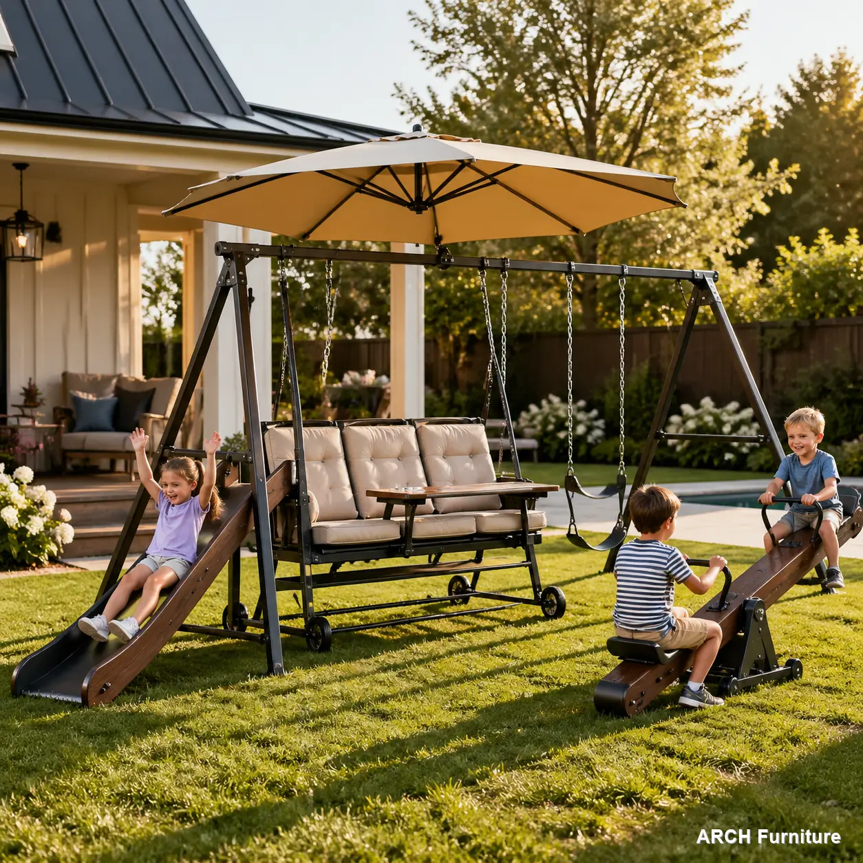 4-in-1 Steel Playground Equipment - Durable Kids Outdoor Play Set with Seesaw, Belt Swing, Slide, Glider, Swinging Function | 138"x87"x71", 95.90 lbs, Fits 7 Children, Patio Outdoor Play Solution