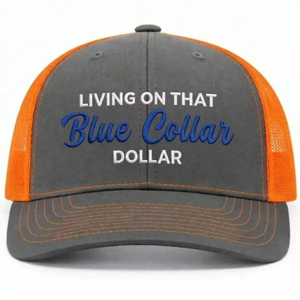 Men's Adjustable Trucker Hat, "Living On That Blue Collar Dollar" Embroidered Mesh Snapback in Grey and Orange, Men's Hats