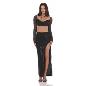 Sequin Beaded Two Piece Set in Black