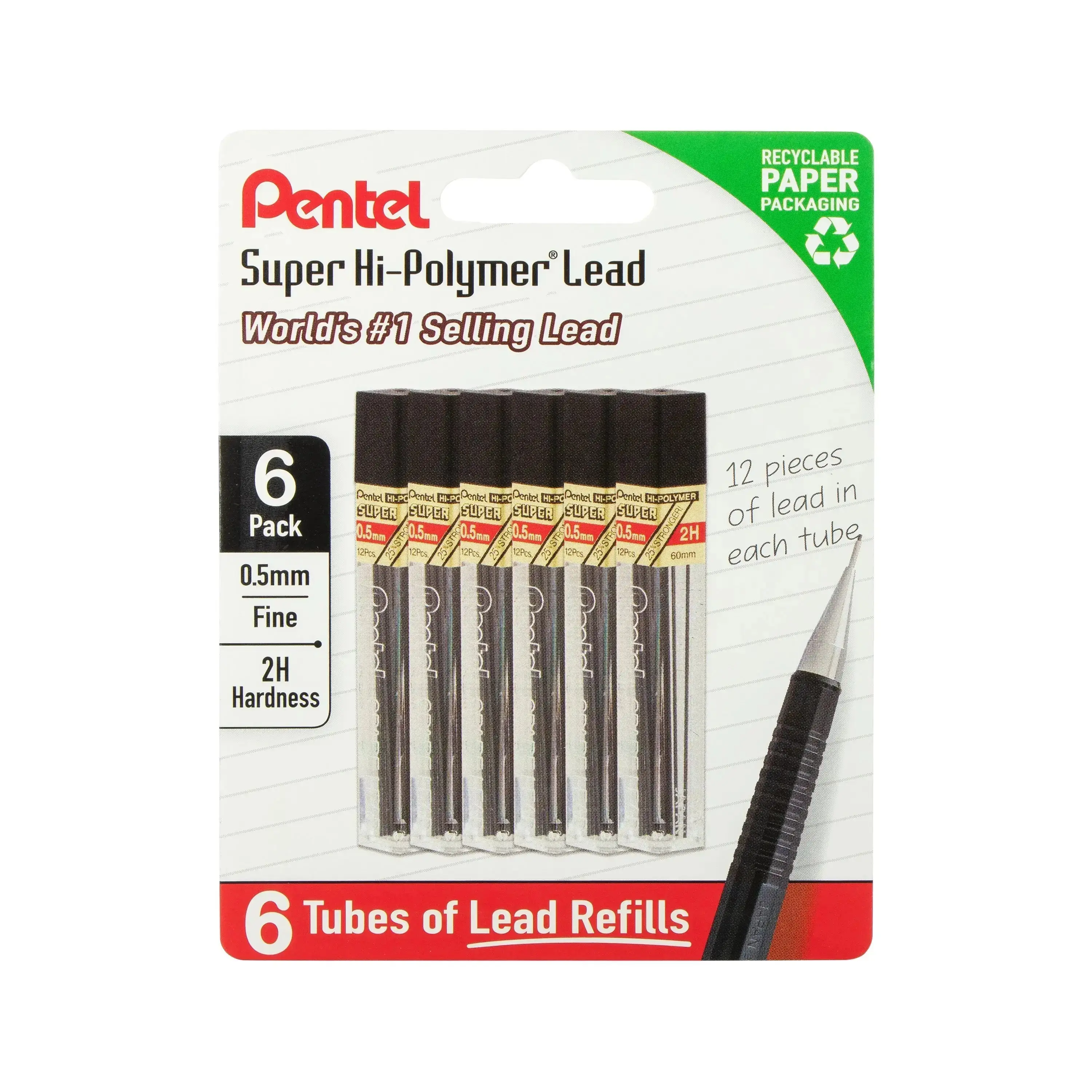 Pentel Super Hi-Polymer Lead Refills - 0.5 mm, 6-Tube Pack (90 Pcs Total), Crisp Lines, Precise Writing, Artistic Sketching, Clean & Easy Erasing, Compatible with Plastic Tube & Pre-Filled Pencils, Dark, Artists, Creative Projects, Detailed Drafting