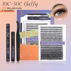 ThinkShow 30D+50D Fluffy 3D Look Cluster Kit 9-16mm MIX 280PCS Synthetic Black Eyelash Extension Kit with Glue & Tools Set for DIY Eyelashes Extensions Cosmetic Makeup
