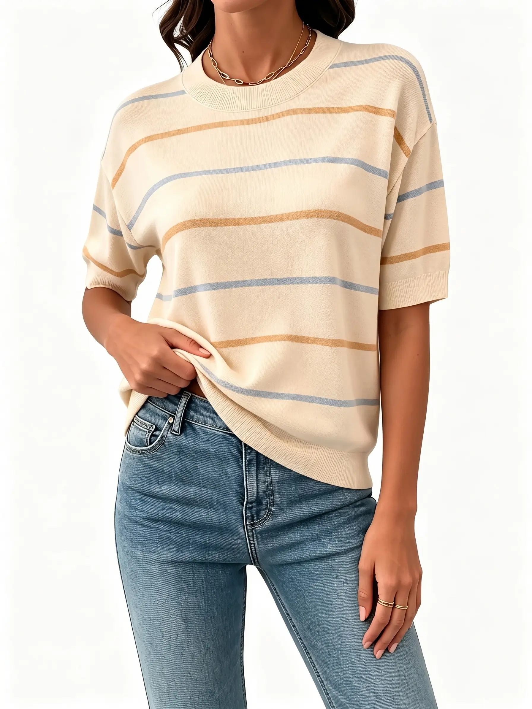 Shewin Women's Striped Knit Round Neck Shortsleeve Baggy Pullover - Ribbed Neck & Cuff, Casual Everyday Wear, Women's Clothes,back to school,back to school shopping, Tops For Women, Sweaters