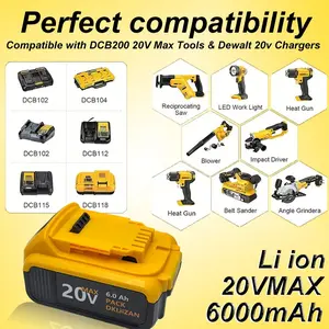 6.0Ah replacement High Output Lithium High Capacity Battery, suitable for Dewalt 20V Max batteries DCB205-2 DCB206 DCB204 DCB203 DCB208, compatible with Dewalt 20V cordless power tools, Cordless Drill Battery