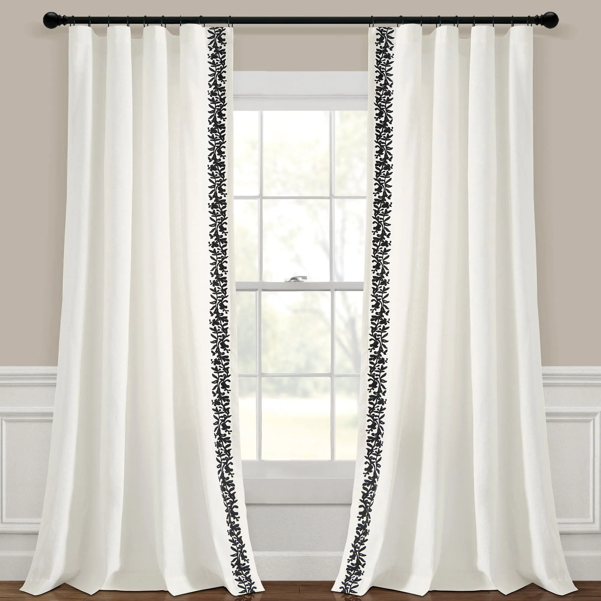 Lush Decor Luxury Modern Embroidered Trim Floral Motif Window Curtain Single Panel, Texture Weave Faux Linen, 52"W x 84"L, 3" Rod Pockets, Interior Use Window Covering for Home Decoration