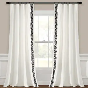 Lush Decor Luxury Modern Flower Linen Like Embroidery Border Window Curtain Panel Single 52"W x 84"L Faux Linen Material with 3" Rod Pockets for Interior Decoration