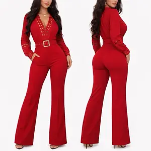Women's Fitted Elegant V22-016 Long-Sleeve Deep V Lace Detail Belted Overalls - Premium Fabric, Flare Leg