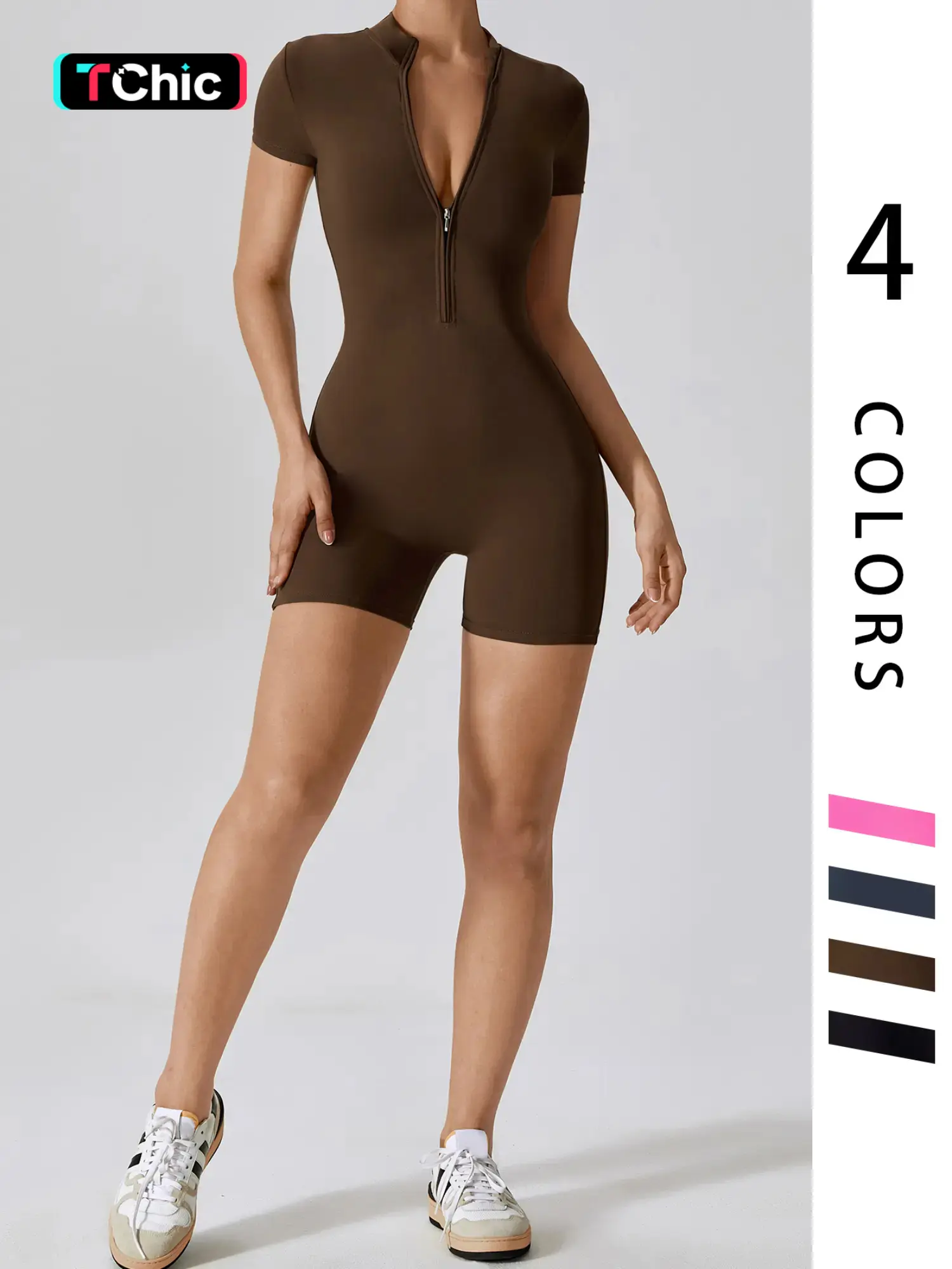 Fashion Zipper Yoga Jumpsuit Short Playsuit Women Romper Short Sleeve Gym Fitness Overalls One Piece Sports Suit Unitard, Athletic Style Activewear, S