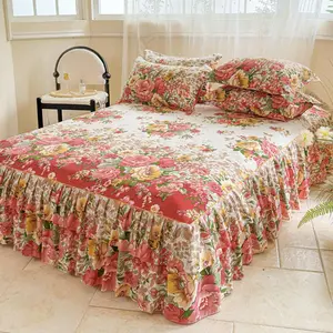 Floral Print Ruffled Edge Bed Skirt Set, 3 Counts/set Including 1 Count Bed Skirt & 2 Counts Pillowcase without Filler, Soft Comfortable Breathable Bedroom Bedding Set