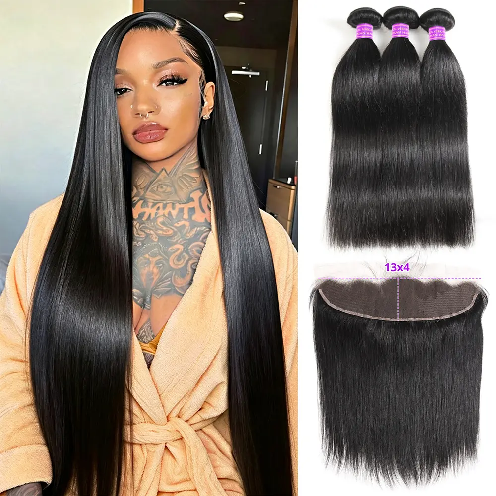 13x4 Ear To Ear Lace Frontal With Bundles Straight Bundles With Frontal Raw Human Hair Bundles With Frontal Closure Hair Extensions