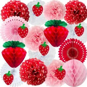 A set of Strawberry Party Decorations, Includes Red Pink White Tissue Fans, Honeycomb Balls, Lanterns Garland Sweet Fruits Theme for Classroom, Birthday, Wedding, Halloween Decoratio