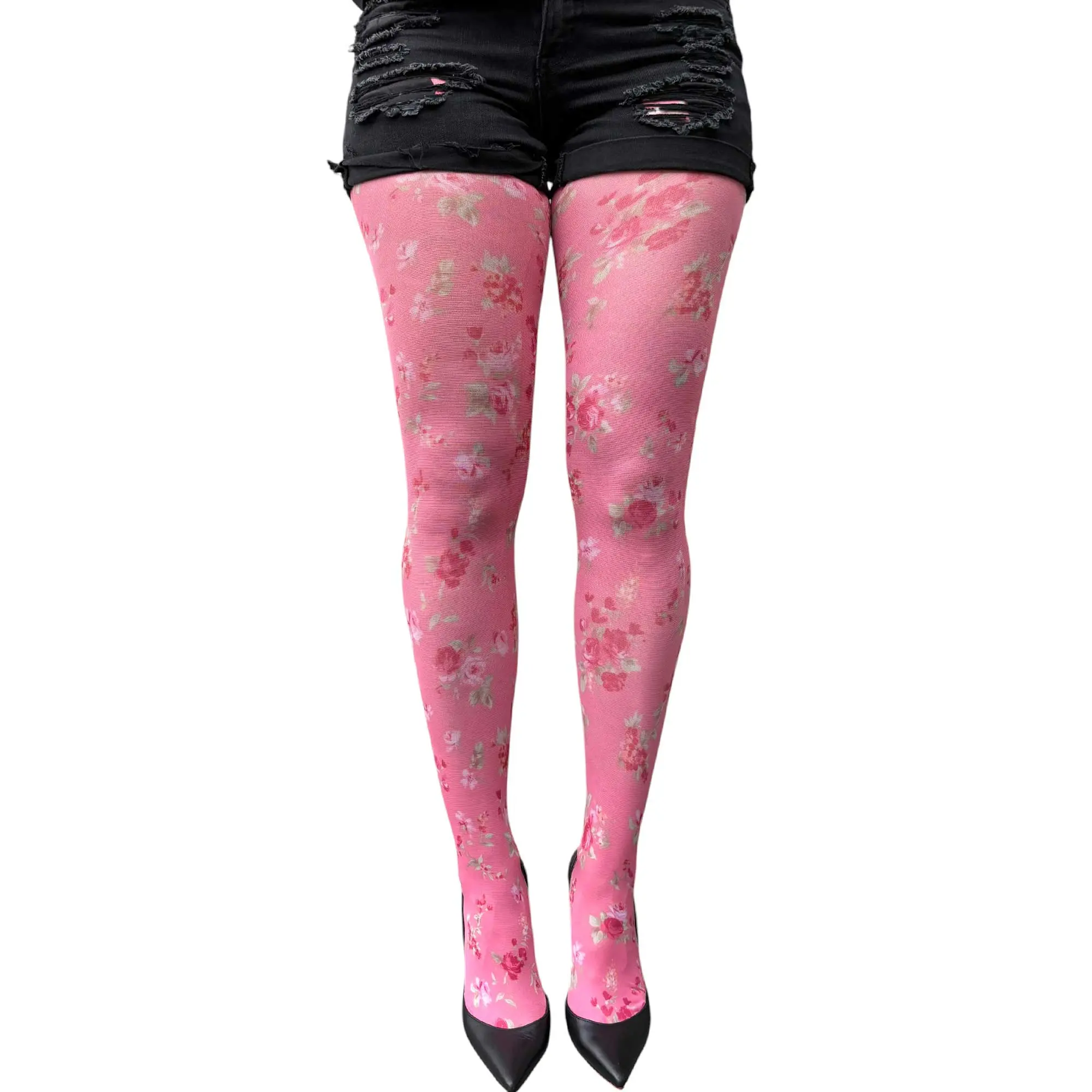 Pink Small Flowers Patterned Tights For Women