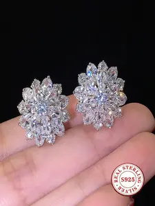 S925 Sterling Silver Snowflake & Flower Stud Earrings, Marquise Cut Cubic Zirconia Earrings for Women, Hypoallergenic Bridal Wedding Jewelry, Light Luxury Bridal Wedding Earrings, Gift for Her