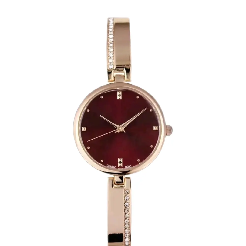 Elegant Women's Rose Gold Bangle Watch with Crystal Accents, 28mm Red Dial, Fashion Quartz Movement with Clasp, Analog, Splash-Proof, 30-50M, Any Occasion, Metal, Round