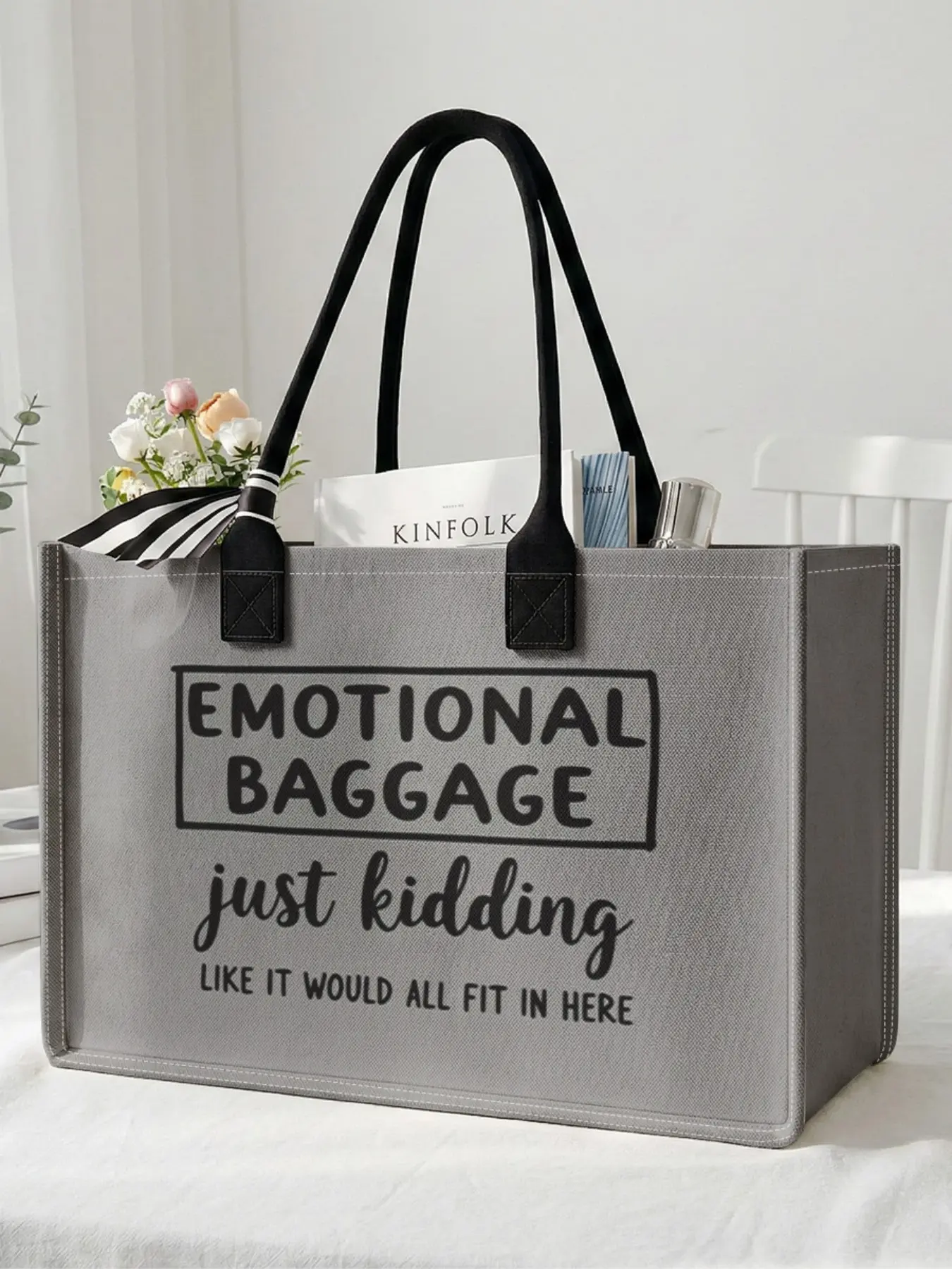 1 piece of emotional luggage 'Just Joking' 2D print large capacity storage bag, extra large storage bag, sturdy handle, space-saving multi-purpose, suitable for use at school, on business trips, and shopping