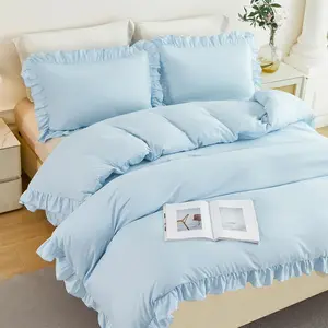Twin Size Light Blue Ruffle Duvet Cover Set 3 Pieces Soft Microfiber Bedding Set for Girls Kids Teens All Seasons