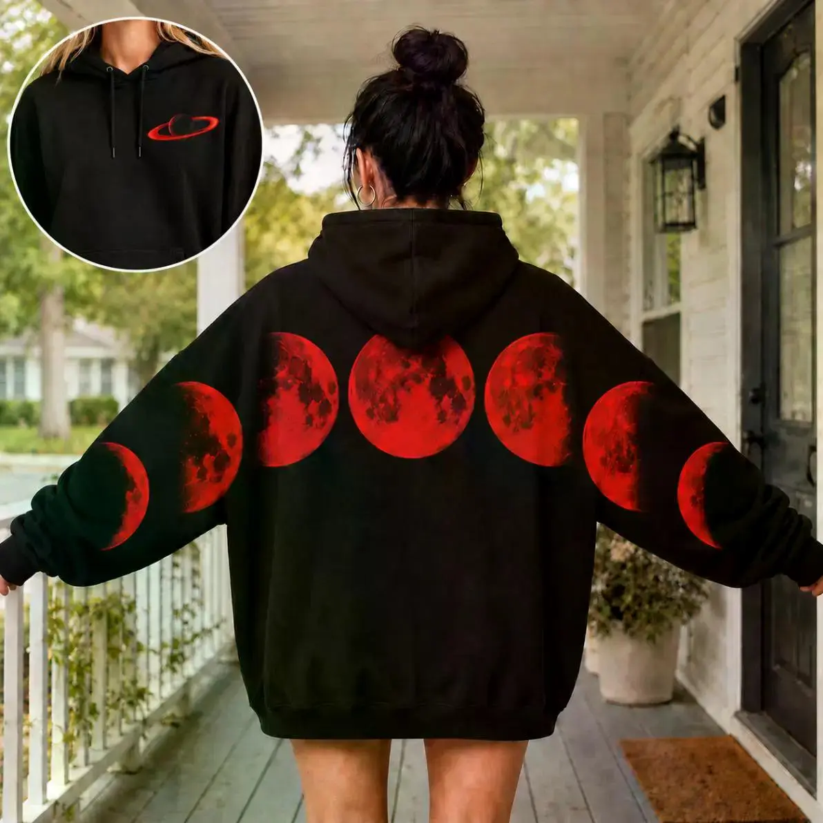 Red Blood Moon Phases Hoodie, Shoulder-to-Shoulder Back Lettering, Spooky Season Back Print, Heavyweight Unisex Halloween Streetwear Gift