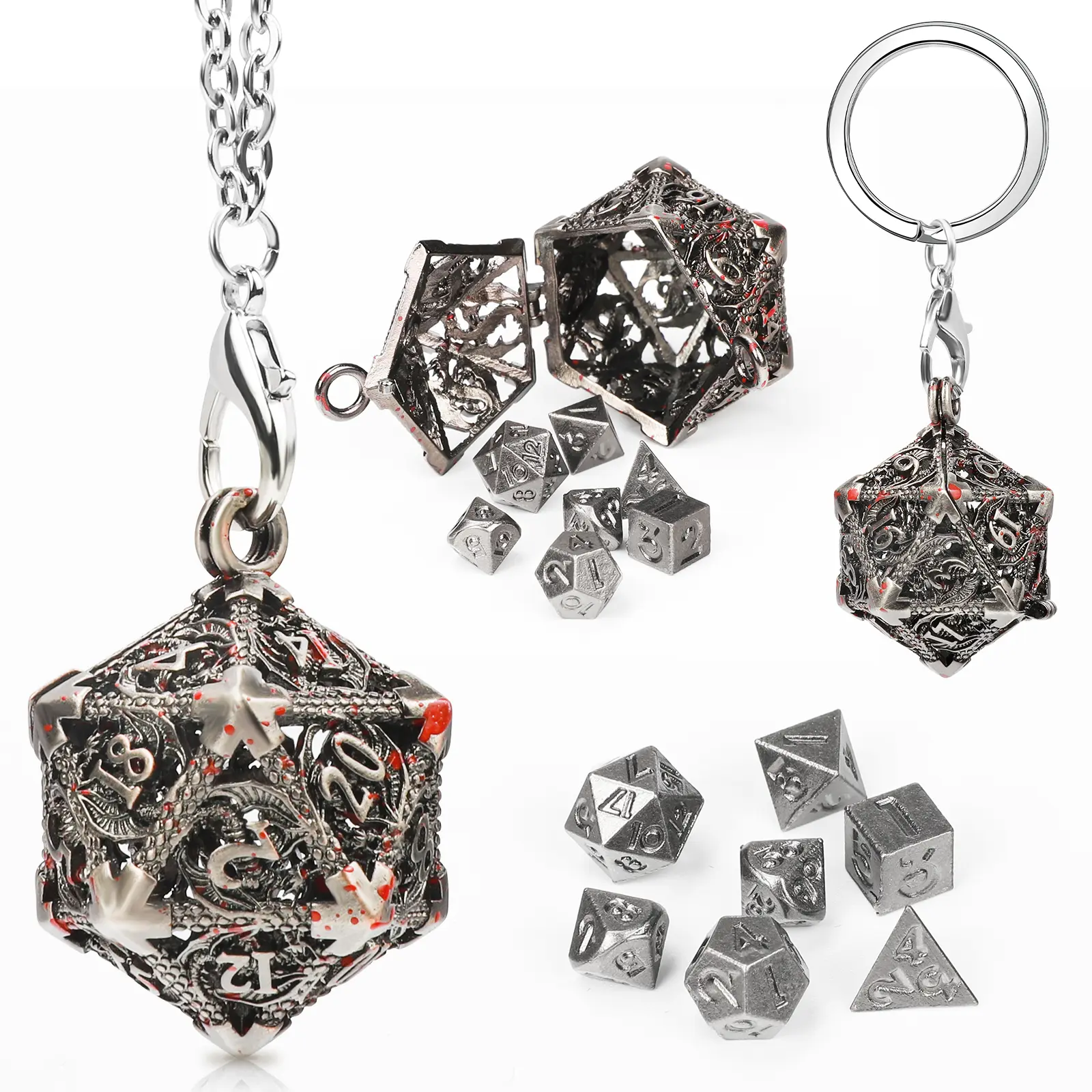 DND Metal 7-Set Mini Dice Accessory Bundle - Stainless Steel Keychain Kawaii, 26-Inch Chain, Food-Grade Steel Cute Dragon Eye Bag, Role Play Gift for Gamers