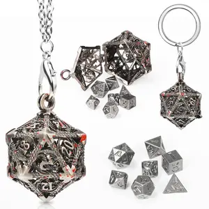 DND Dice Metal 7 Set Mini Dice Necklace, D20 Necklace and Keychain Portable and Dragon Eye Bag for Dungeons & Dragons Dice, Gifts for Her Him, Gifts for Her Him