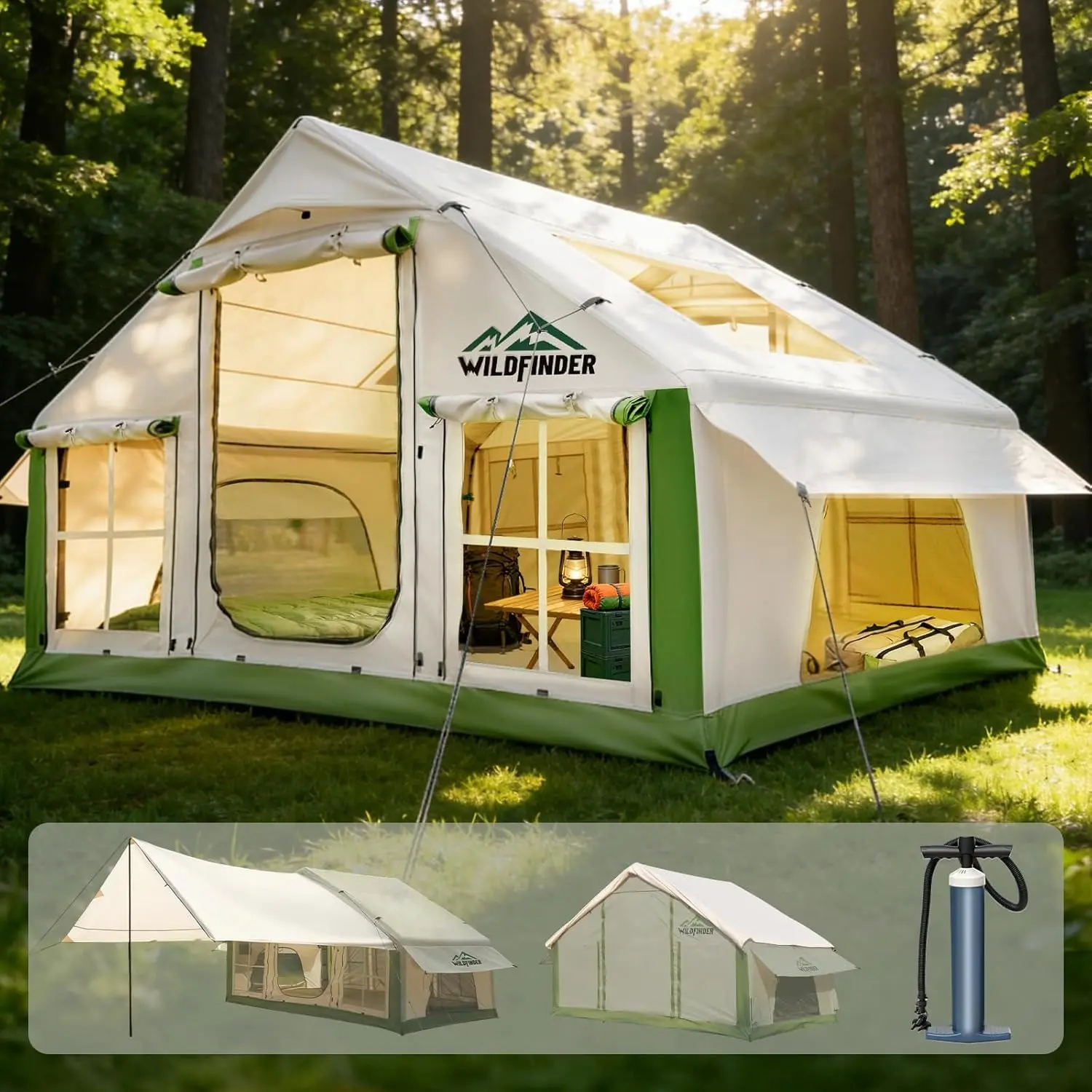 4 Season Inflatable Air Tent with Stove Jack, Waterproof Oxford Camping Tent with Hand Pump & Skylight