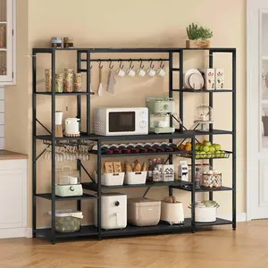 SIKAIC Coffee Bar Station - Kitchen Coffee Organizer Table with Power Outlet, Wine Rack, Adjustable Leg Pads, Waterproof Top, Black, 15.6"d x 62.4"w x 66.3"h