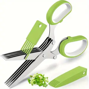 Stainless Steel Kitchen Shear, 1 Count Multi-layer Vegetable Shear with Cleaning Brush, 5-blade Green Onion Cutter, Multifunctional Kitchen Gadgets, Kitchen Shears
