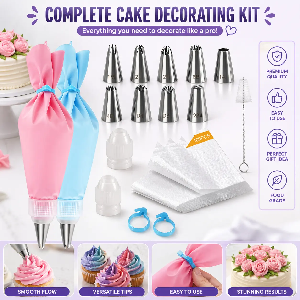 【SummerWins】Piping Bags and Tips Set, 116 Pcs Cake Decorating Kit with 9 Piping Tips, Premium Stainless Steel Cake Icing Piping Tips Set, Professional Pastry Decorating Nozzles for Summer Birthday Party, Graduation Cupcakes & Wedding Cake Decor Tools