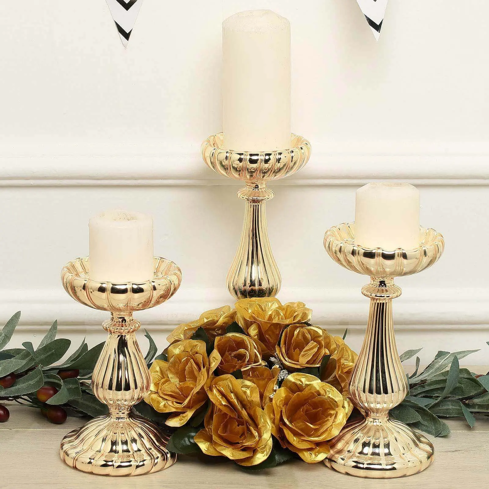 Gold Mercury Glass Pillar Candle Holder Stands Set of 3 (7in, 8in, 10in) - Decorative Mini Candlestick Holders for Wedding Tables, Religious Events, Gold Home Decor Centerpieces