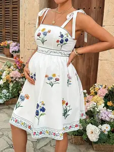 MaterniRIO Maternity Clothes Maternity  Dress Summer Pregnant Clothes White Maternity Dress, A-Line Skirt, Floral Print, Comfortable And Casual For Vacation